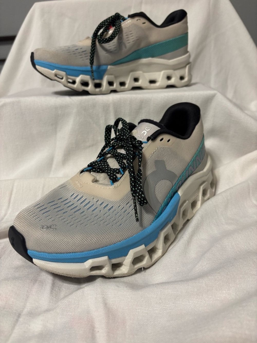 On Running Beige and Blue Cloudmonster Sneakers
